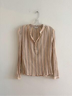 Lucky Brand Beige and Black Striped Long-Sleeve Henley Top
